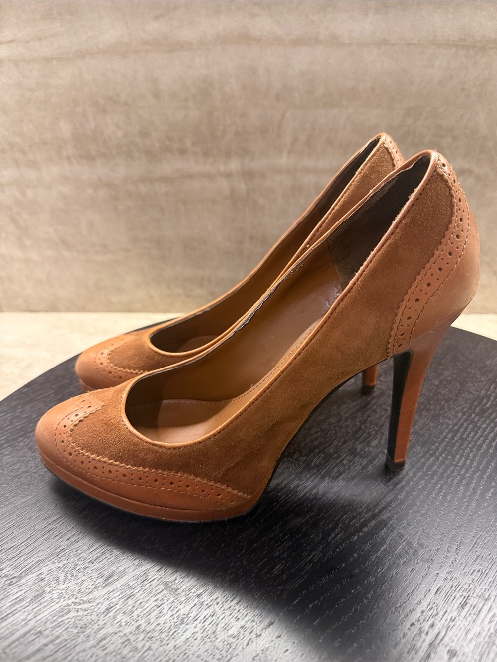 Ralph Lauren Brown Suede & Leather Brogue High Heels - Picture 3 of 6